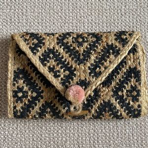 Clutch handbag black straw jute with Pom Pom